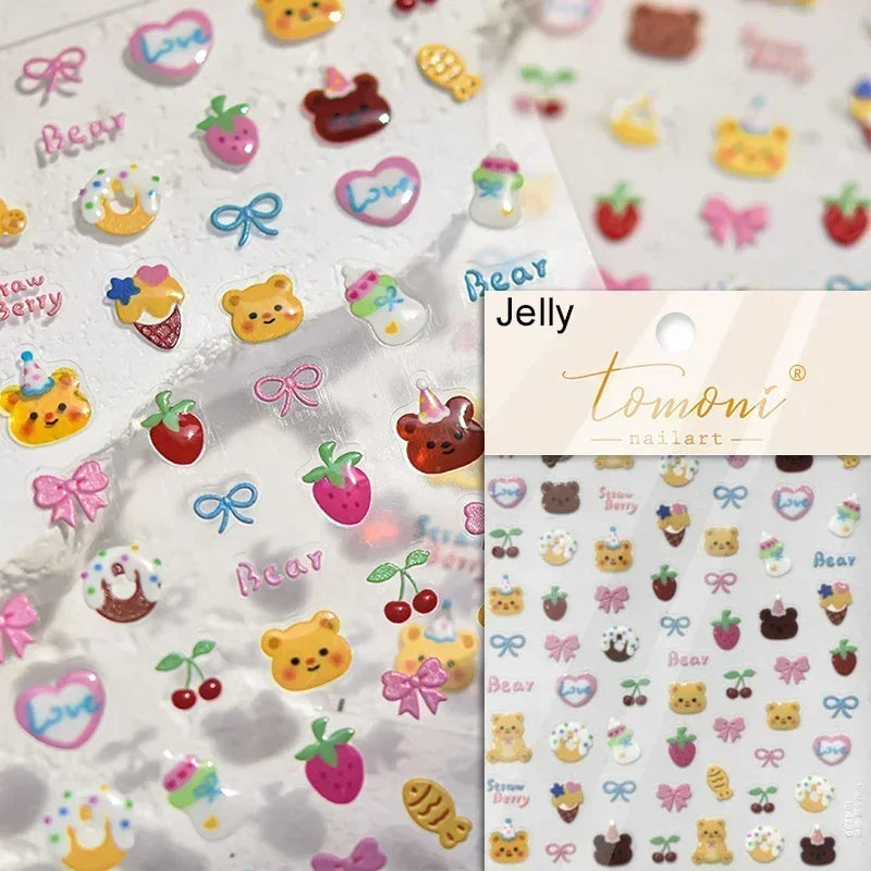 Bowknot Dog puppy Christmas Hat Strawberry Cake Food Coffee Cherry Love Heart Adhesive Nail Art Sticker Reliefs Manicure Decals (Online Order Only)
