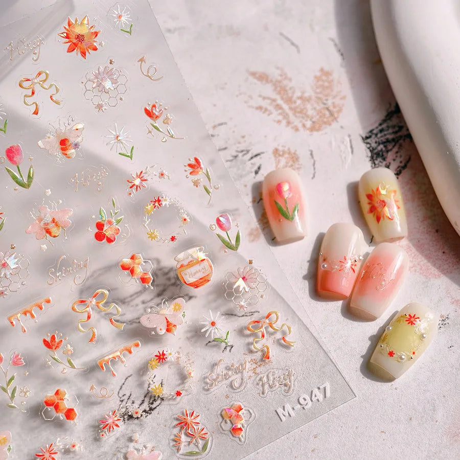 Vivid Honey Bee Ribbon Bowknot Pot Daisy Wreath Flower Shining Tulip Honeycomb Jar Self Adhesive Nail Art Sticker Manicure Decal (ONLINE ORDER ONLY)