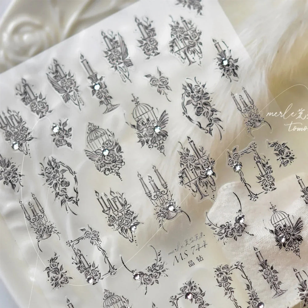 Retro Candlestick Holder Rose Rambler Birdcage Photo Frame Lace Self Adhesive Nail Art Sticker Charm Rhinestone Manicure Decal (Online Order Only)