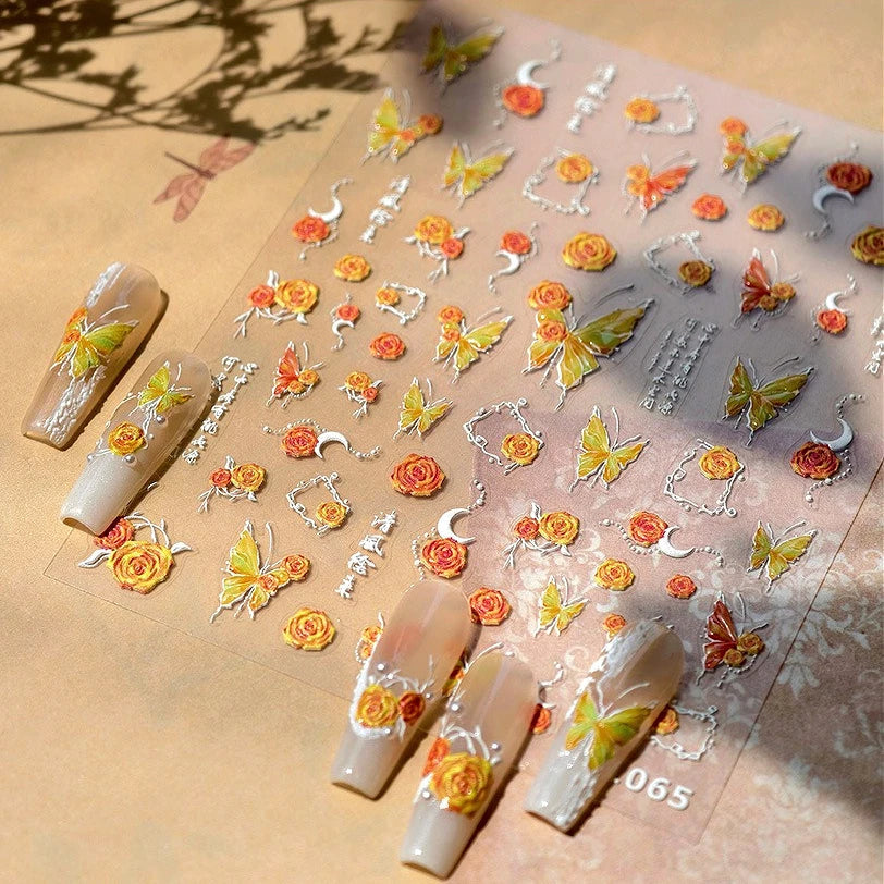 Gradual Asymmetric Butterfly Rose Flower Moon Ancient Poem 5D Reliefs Self Adhesive Nail Stickers JellyManicure Decals Wholesale (Online Order Only)
