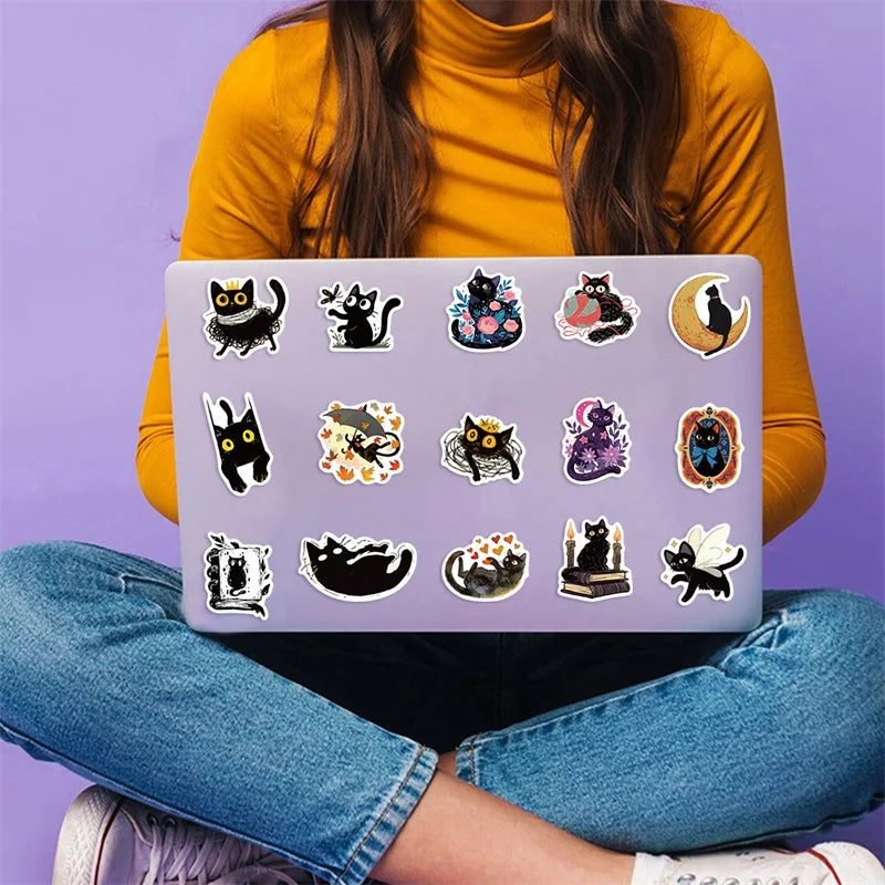 10/30/50PCS Cartoon Black Star Cat PVC Sticky Sticker Aesthetic DIY Stationery Decoration Scrapbooking School Supplies for Kids (ONLINE ORDER ONLY)