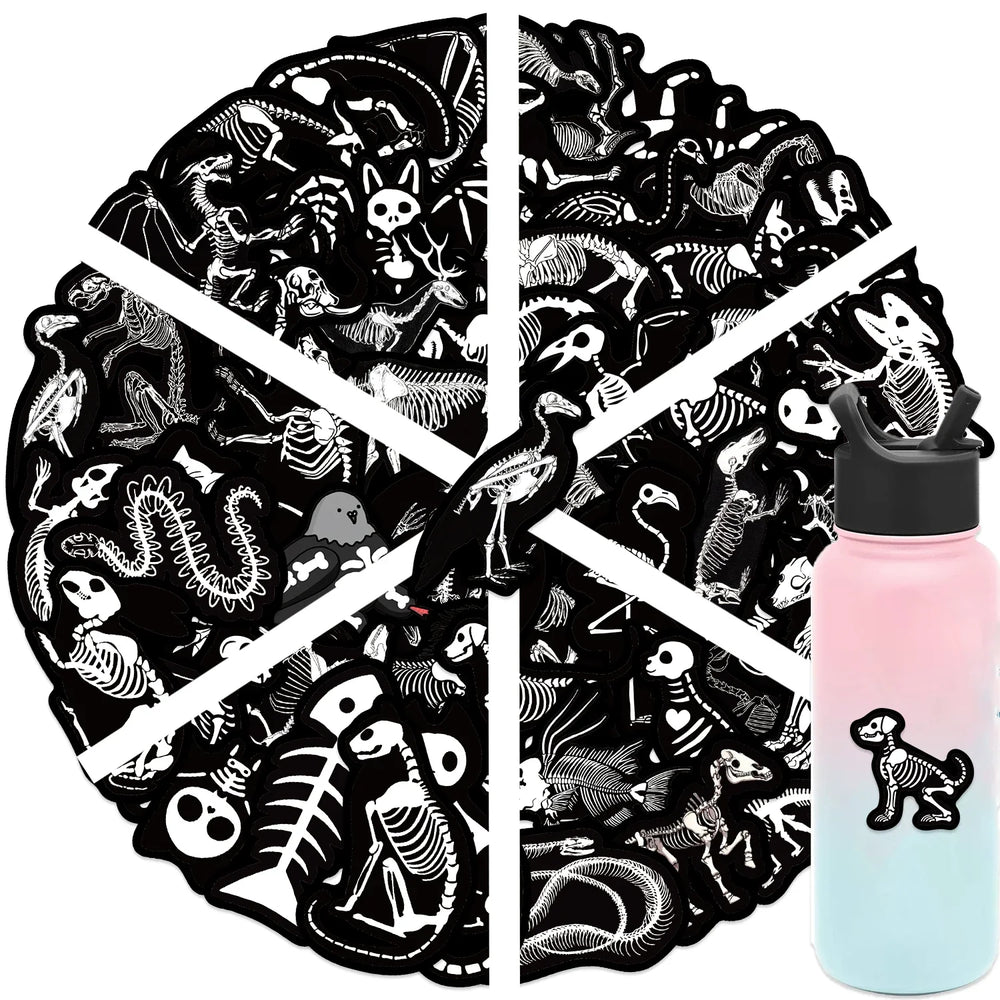 56pcs Animal Skeleton Cool Stickers for Laptop Scrapbook Waterproof Cartoon Graffiti Decals Dark Sticker Toys Decor (Online Order Only)