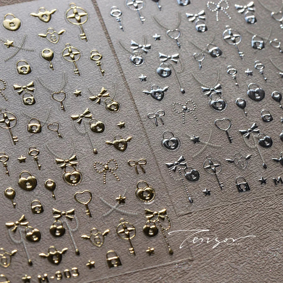 Black Silver Gold Dark Rococo Line Bowknot Wing Key Love Lock Star Tassel Pendant Heart Adhesive Nail Art Sticker Manicure Decal (ONLINE ORDER ONLY)
