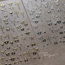 Black Silver Gold Dark Rococo Line Bowknot Wing Key Love Lock Star Tassel Pendant Heart Adhesive Nail Art Sticker Manicure Decal (ONLINE ORDER ONLY)