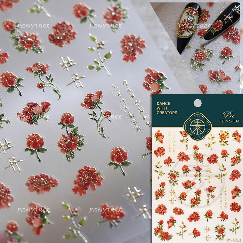 Oil Painting Style Rose Camellia Flower Vase Romantic Candle Holder Bowknot Embossed Adhesive Nail Art Stickers Manicure Decals (ONLINE ORDER ONLY)