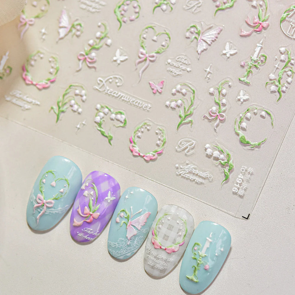 Romantic Lily of The Valley Candle Holder Wreath Bowknot Butterfly Dreamy Adhesive Nail Art Decorations Stickers Manicure Decals (Online Order Only)