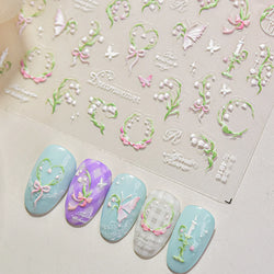 Romantic Lily of The Valley Candle Holder Wreath Bowknot Butterfly Dreamy Adhesive Nail Art Decorations Stickers Manicure Decals (Online Order Only)