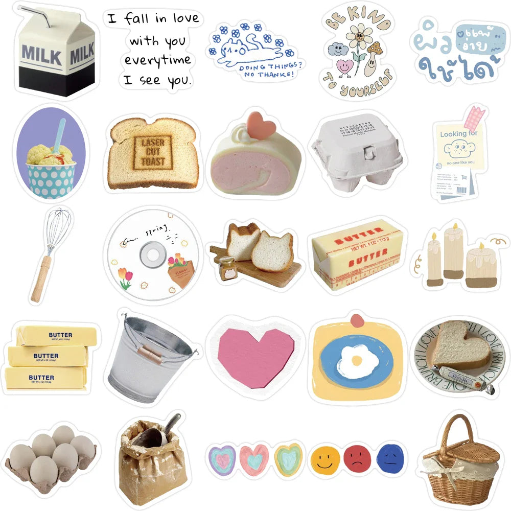 10/63pcs INS Wind Butter Bread Stickers Decals Cartoon Graffiti DIY  Notebook Luggage Wall Decoration PVC Sticker (ONLINE ORDER ONLY)