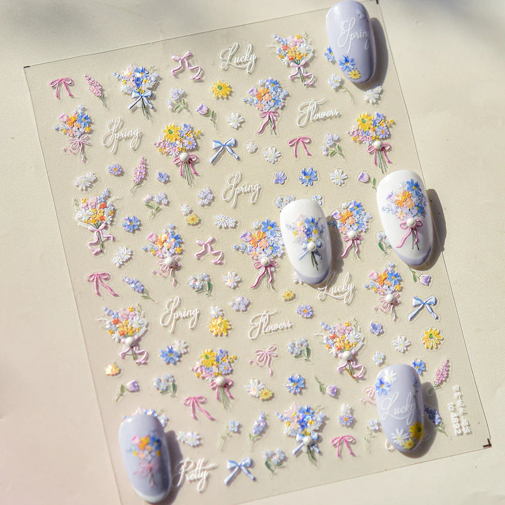 Cute Spring Flowers Purple Blue White Bowknot Rose Garden Daisy 5D Soft Embossed Relief Adhesive Nail Art Sticker Manicure Decal (ONLINE ORDER ONLY)