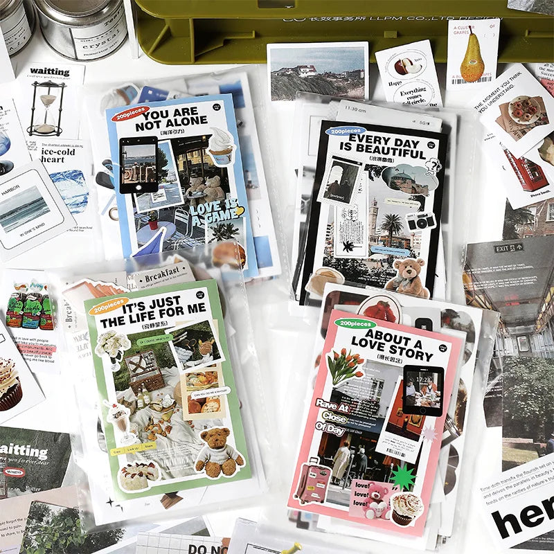 200Pcs/set Korean Style Fresh Sticker Note Paper Material Pack For Handbook Diary Collage DIY Scrapbooking Decoration Stationery (Online Order Only)