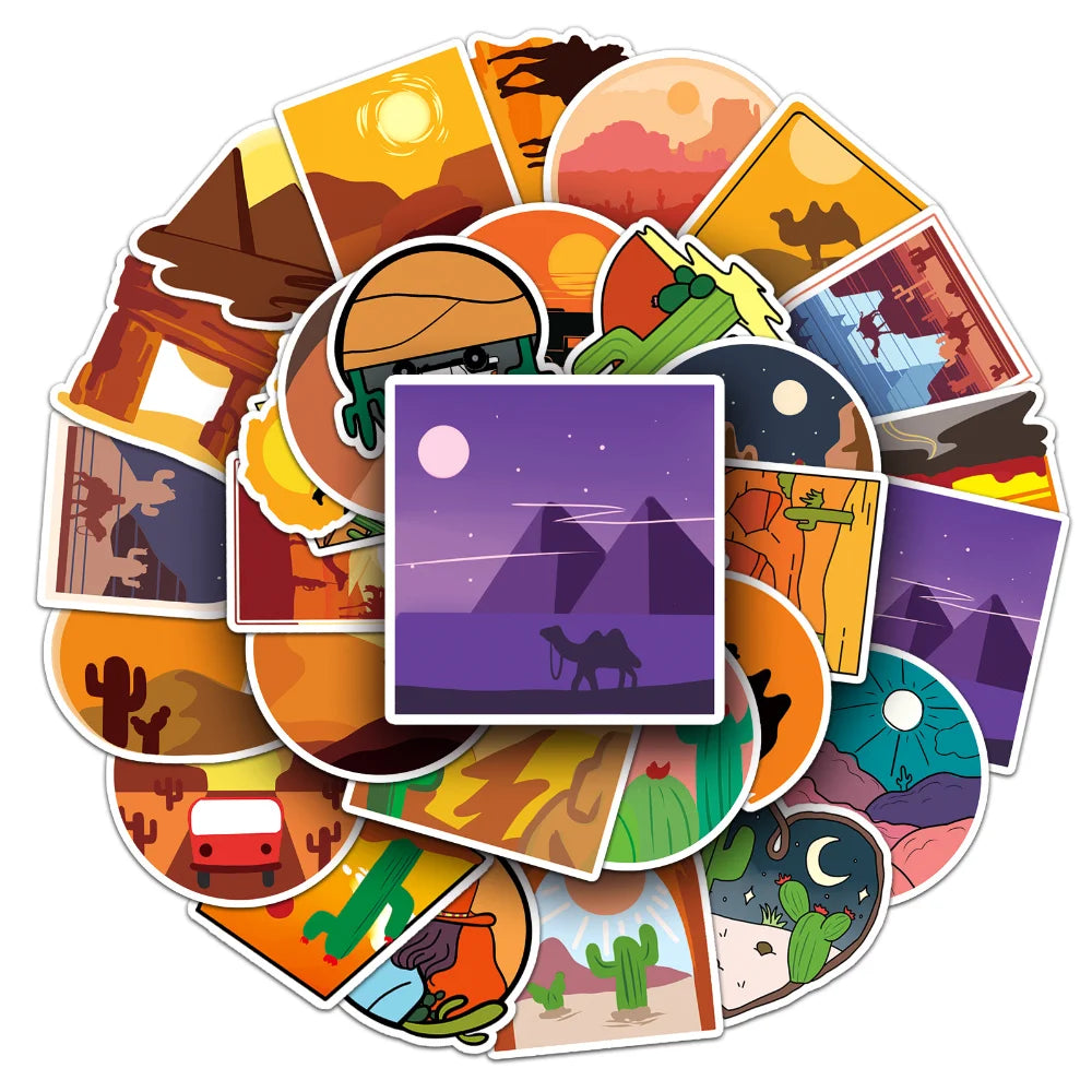 50Pcs Pack Cartoon Desert Sticker Vinyl Waterproof for DIY Water Bottle Laptop Scrapbooking Luggage Guitar Skateboard (ONLINE ORDER ONLY)