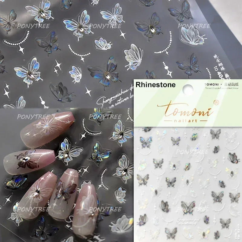 Charming Delicate Sapphire Color Blue Black Stroke Butterfly Jelly Relief Rhinestone Adhesive Nail Art Stickers Manicure Decals (Online Order Only)