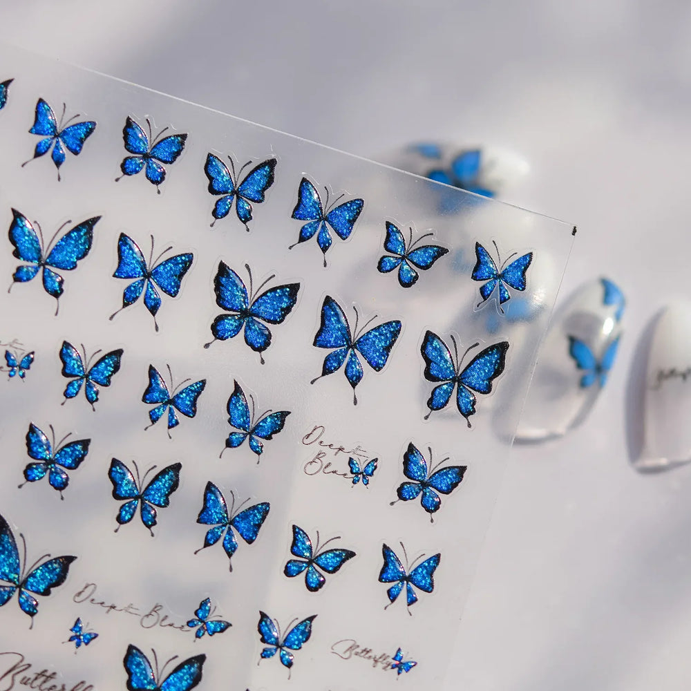 Charming Delicate Sapphire Color Blue Black Stroke Butterfly Jelly Relief Rhinestone Adhesive Nail Art Stickers Manicure Decals (Online Order Only)