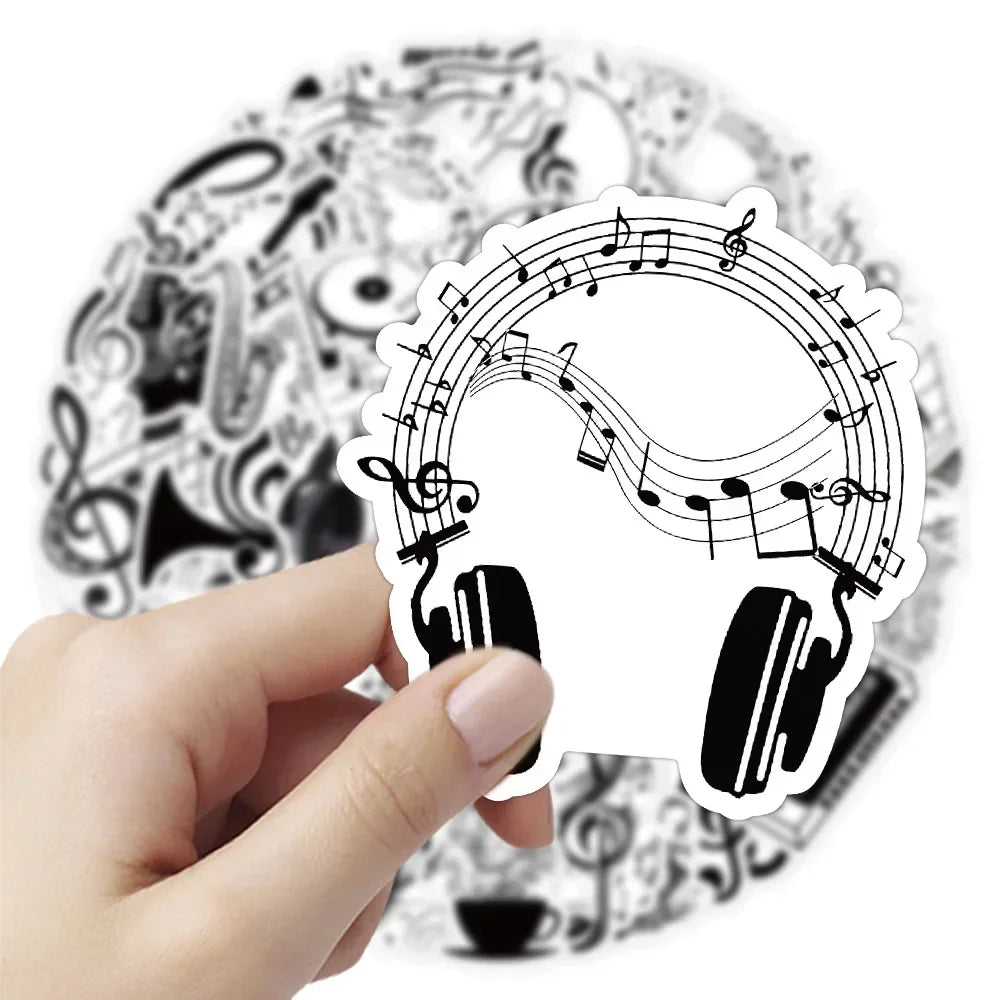 10/53Pcs Black White Music Note Graffiti Sticker DIY Waterproof Piano Phone Case Notebook Guitar Car Bike Wall Graffiti Decals (ONLINE ORDER ONLY)