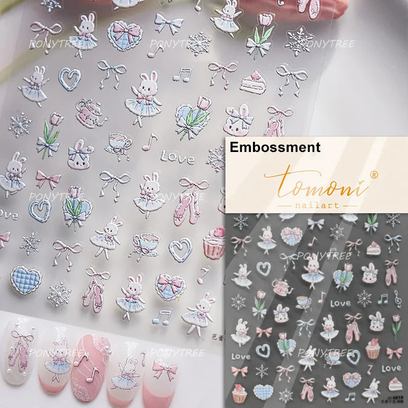 Peach Blossom Flower Yellow Rabbit Bunny Love Heart Delicate Totem 5D Self Adhesive Nail Art Stickers Rhinestone Manicure Decals (ONLINE ORDER ONLY)