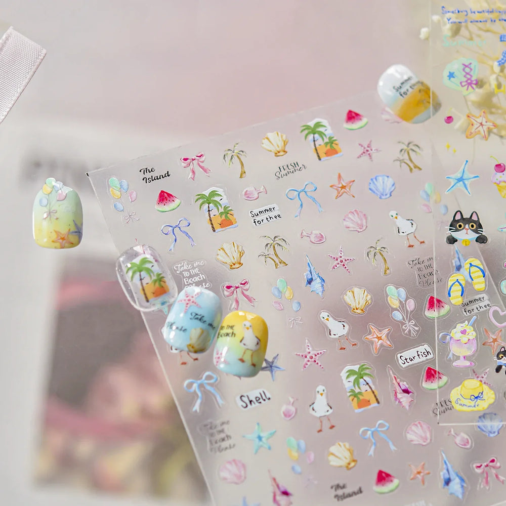 Summer Beach Bikini Watermelon Hat Sandals Ice Cream Shell Conch Starfish Cat Duck Nail Art Decoration Stickers Manicure Decals (ONLINE ORDER ONLY)