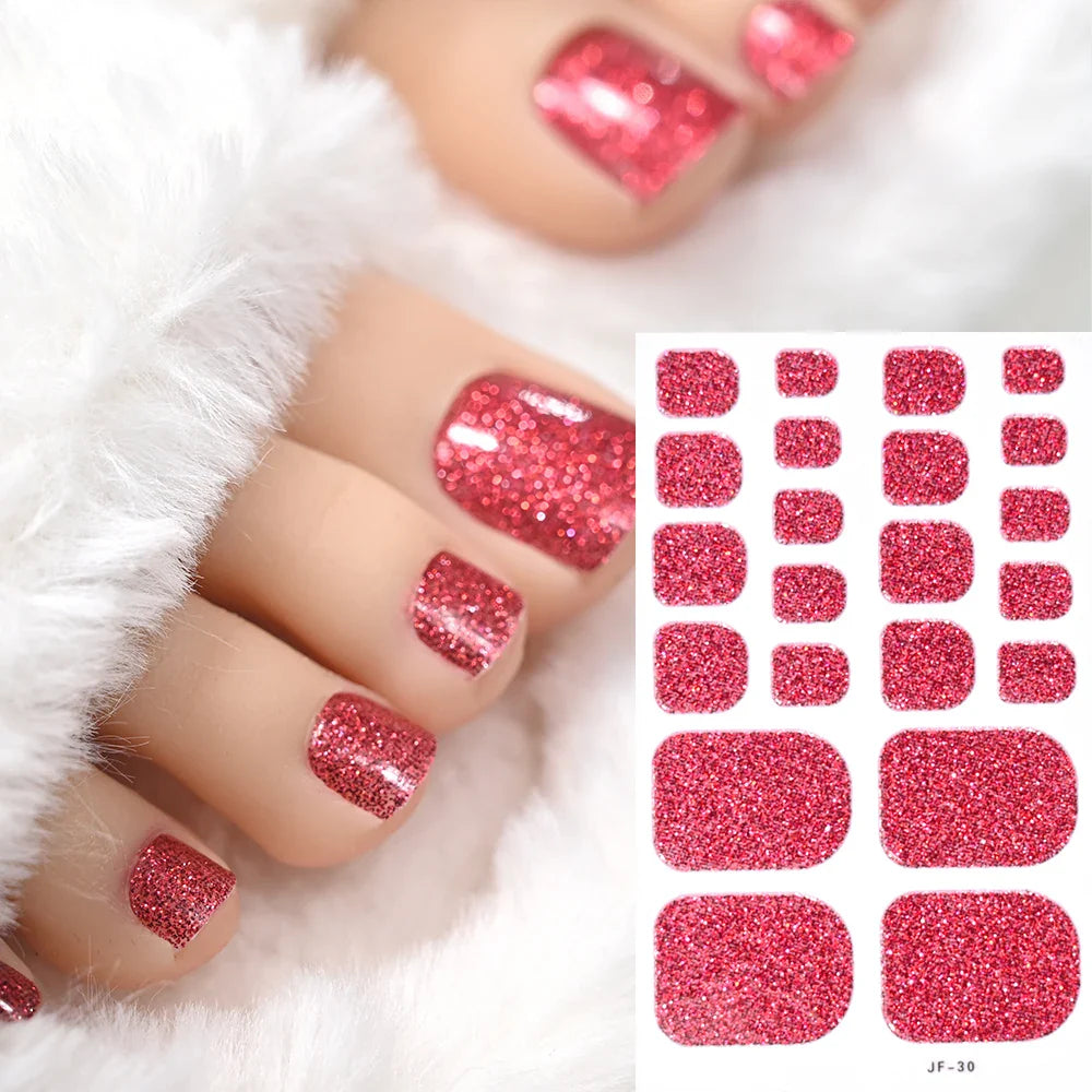 22Tips Pink Red Glitter Design Baking-free Toenail Stickers Solid Color Adhesive Full Cover Toe Nail Strip Slider Manicure Decal (ONLINE ORDER ONLY)