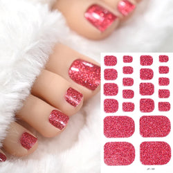22Tips Pink Red Glitter Design Baking-free Toenail Stickers Solid Color Adhesive Full Cover Toe Nail Strip Slider Manicure Decal (ONLINE ORDER ONLY)