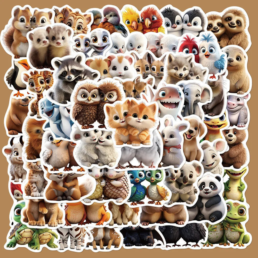 55pcs Cute Twin Animal Graffiti Stickers for Helmet, Desktop, Wall Decoration, DIY (Online Order Only)