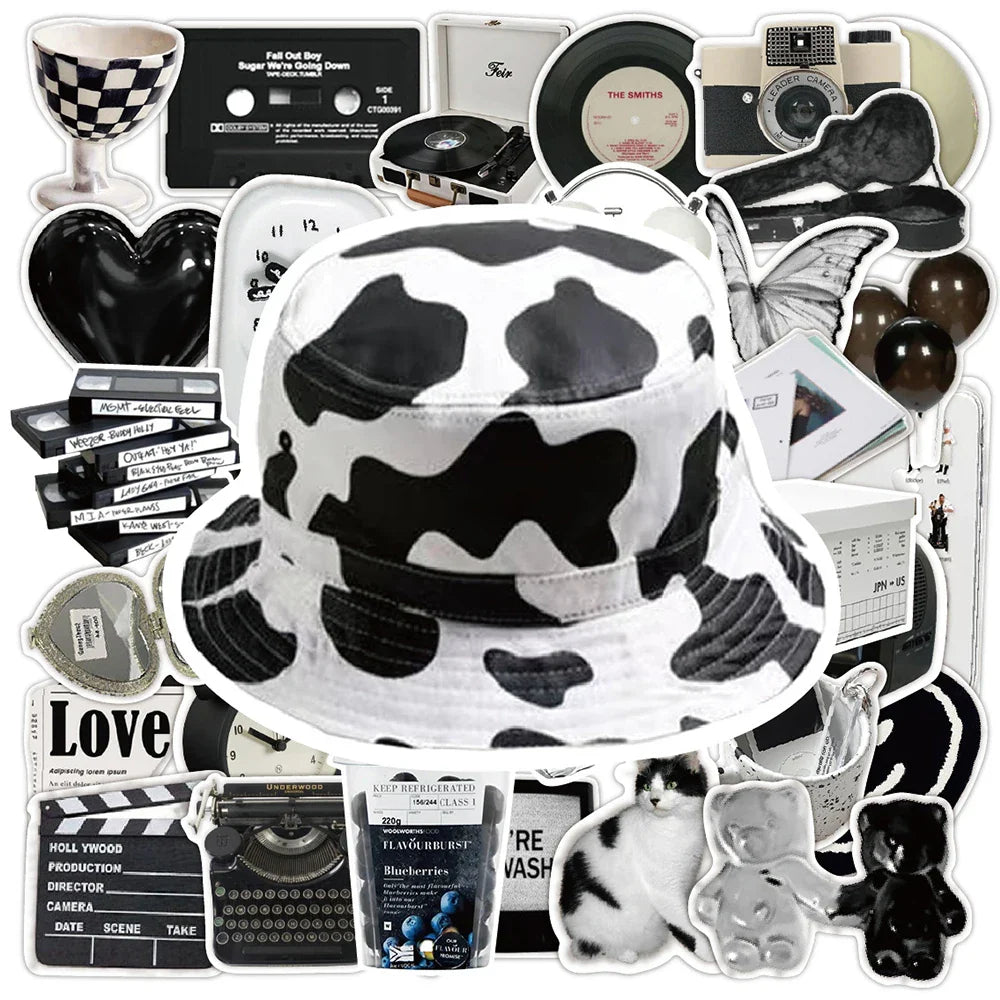 10/30/50pcs Ins Style Black White Simple Cute Stickers Aesthetic Graffiti Decoration Laptop Scrapbook Phone DIY Wall Sticker Toy (Online Order Only)