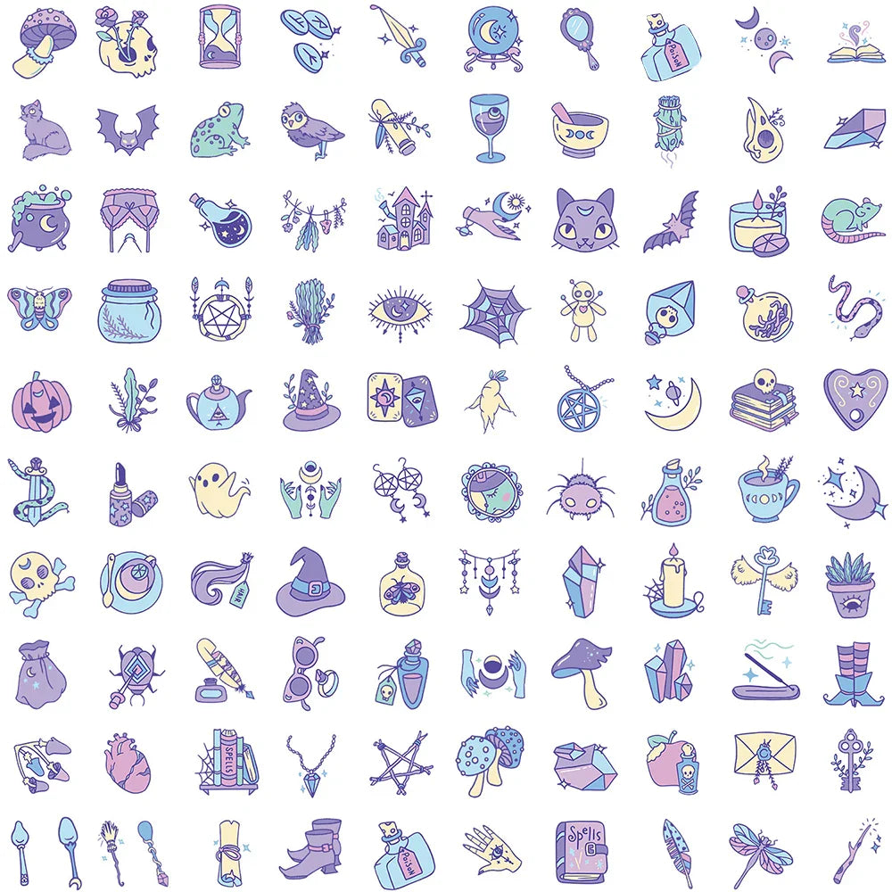 10/30/50/100pcs Cool Purple Cute Gothic Magic Witch Cartoon Stickers Skateboard Laptop Phone Car DIY Waterproof Sticker Decal (ONLINE ORDER ONLY)