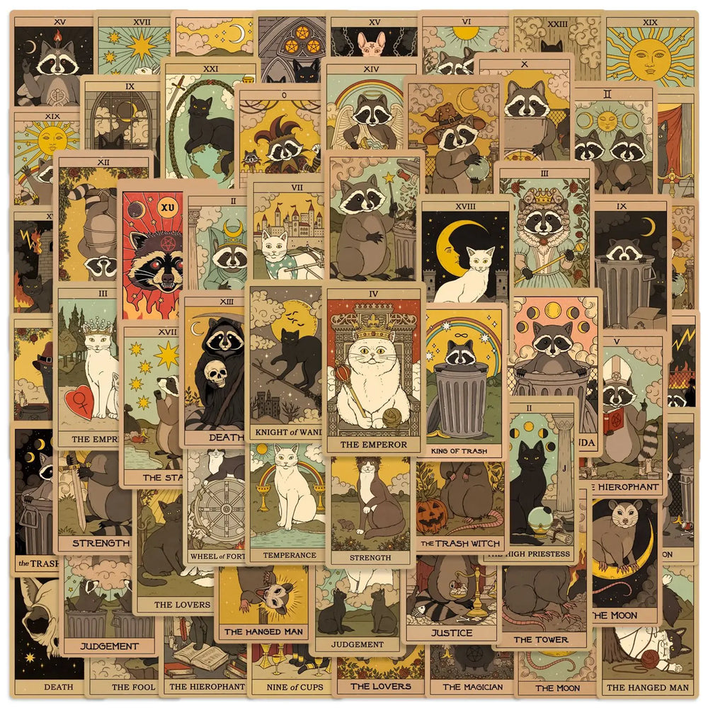 Cartoon Gothic Tarot Cat Stickers - 10/30/60pcs for Scrapbooking, Phone, Laptop, Guitar, Skateboard, Suitcase (Online Order Only)