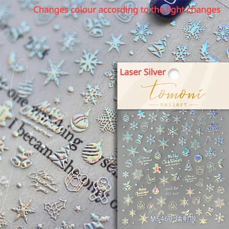 Winter Christmas Crystal Delicate Hexagon Romantic Laser Silver Chic Snowflakes Self Adhesive Nail Art Sticker 5D Manicure Decal (ONLINE ORDER ONLY)