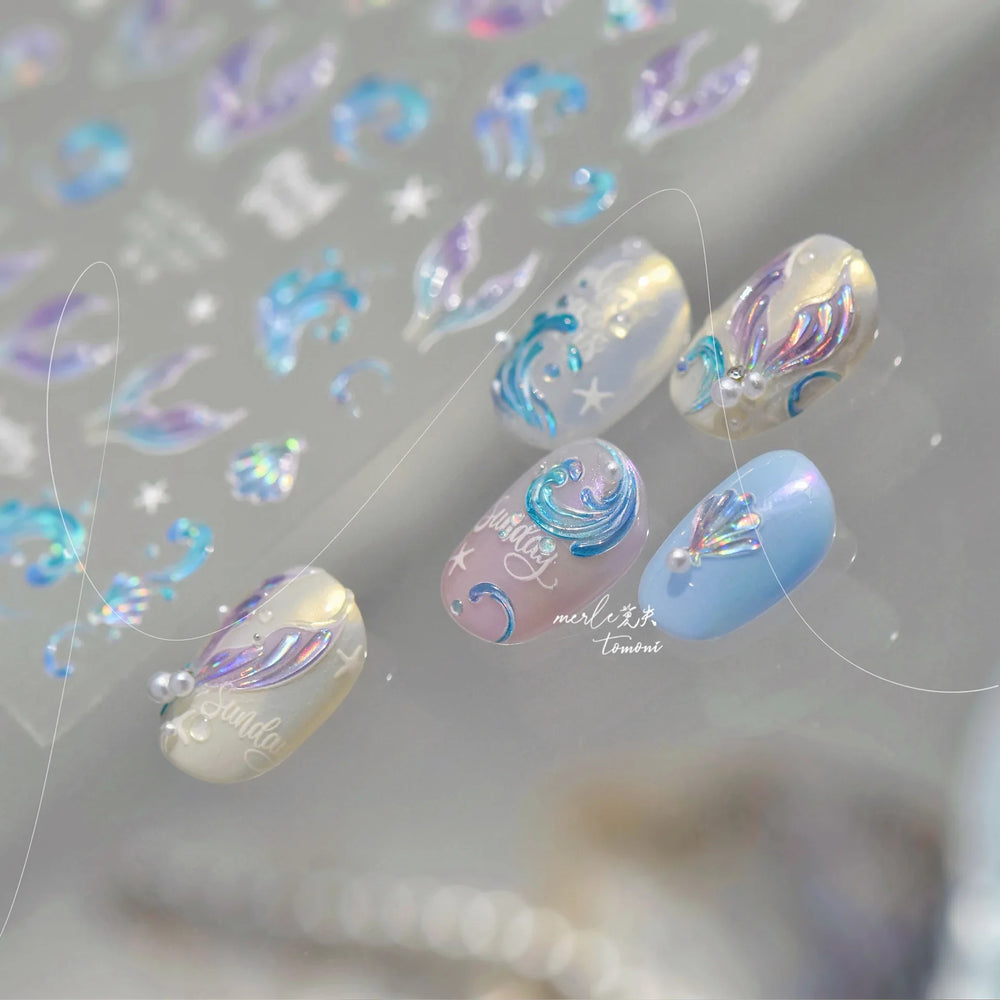 Shiny Mermaid Tail Fish Tail Sea Wave Jelly Spoondrift Shell Starfish Ocean Romantic Delicate Nail Art Stickers Manicure Decals (ONLINE ORDER ONLY)