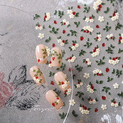 Delicate Chic White Flower Jelly Green Leaves Red Fruits Lily Gardenia Self Adhesive Nail Art Stickers Rhinestone Manicure Decal (Online Order Only)