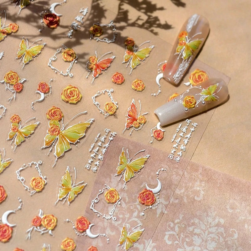 Gradual Asymmetric Butterfly Rose Flower Moon Ancient Poem 5D Reliefs Self Adhesive Nail Stickers JellyManicure Decals Wholesale (Online Order Only)
