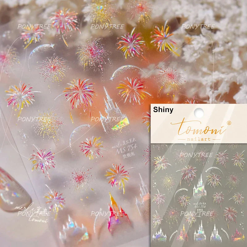 Colorful Fireworks Blooming Castle Romantic Brilliant Sky Self Adhesive Nail Art Stickers Star Shiny Rhinestone Manicure Decals (Online Order Only)