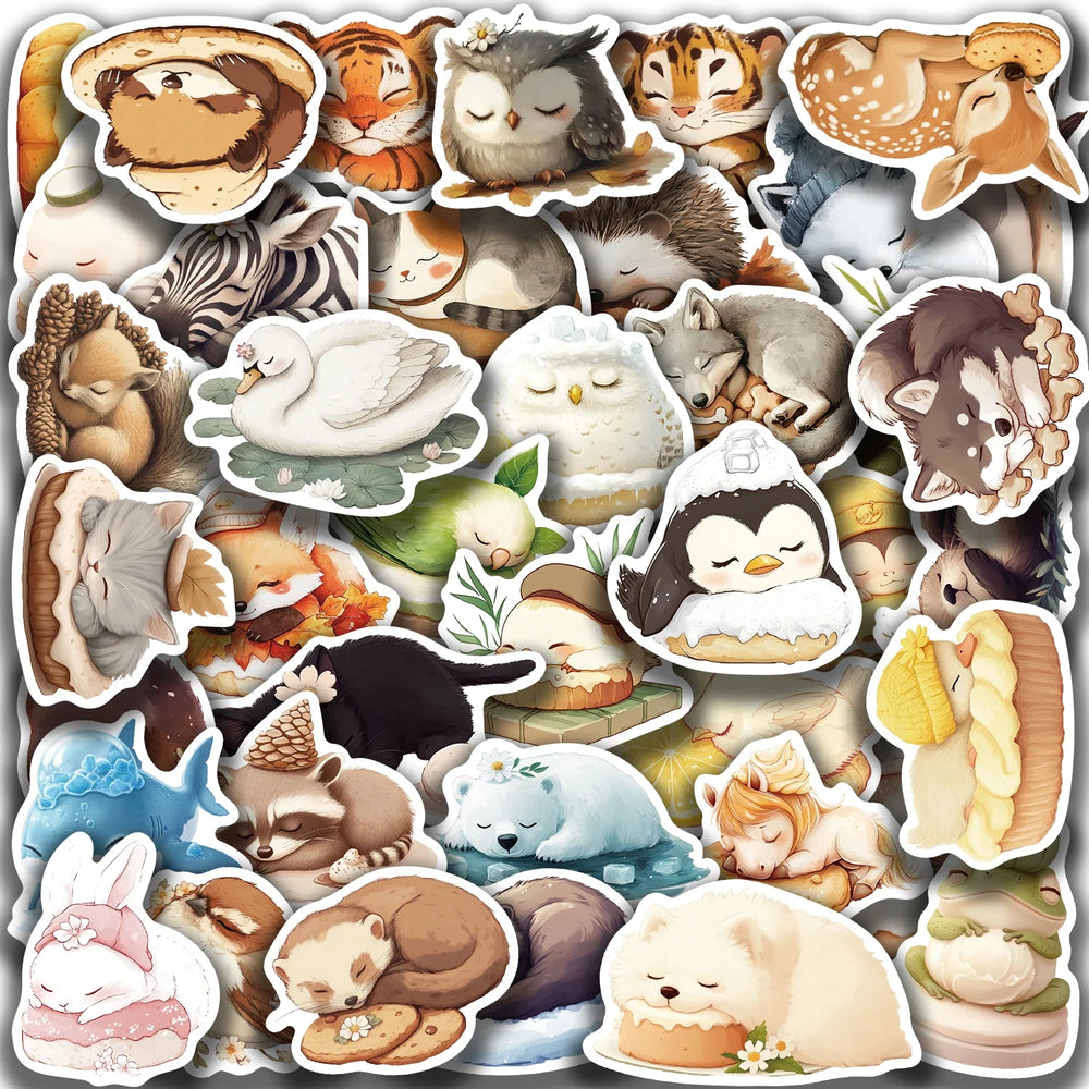50pcs Sleeping Animals Cartoon Stickers Perfect for Scrapbooking Diaries Laptops Bumpers Water Bottles Computers Phones Sticker (Online Order Only)
