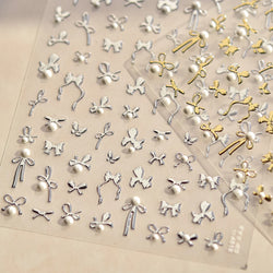 Simple Line Bowknot Red Gold Silver Laser Pink Hot Stamping 3D Self Adhesive Nail Art Stickers Pearl Rhinestone Manicure Decals (ONLINE ORDER ONLY)