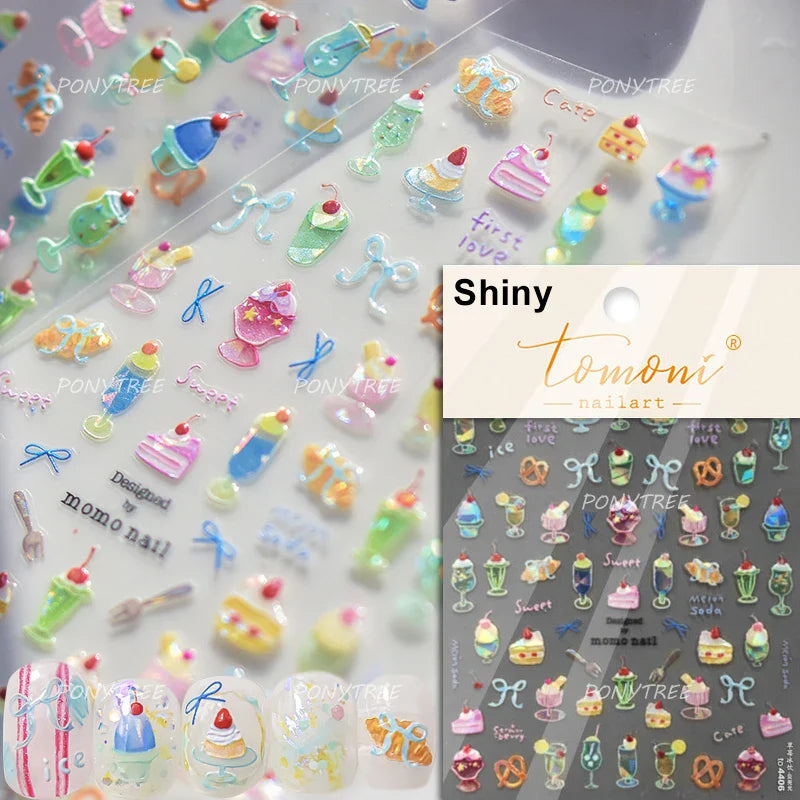 Toast Butter Brioche Bread Dim Sum Cookie Cherry Pudding Food Fork Doughnut Relief Adhesive Nail Art Stickers Manicure Decals (ONLINE ORDER ONLY)