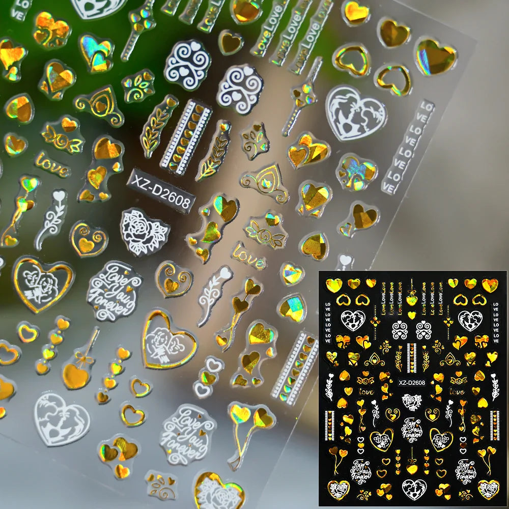 1PC Holographic Laser Heart Nail Stickers-3D Self-Adhesive Golden White Valentines Day Nail Decals For Women Nail Art Decoration (ONLINE ORDER ONLY)