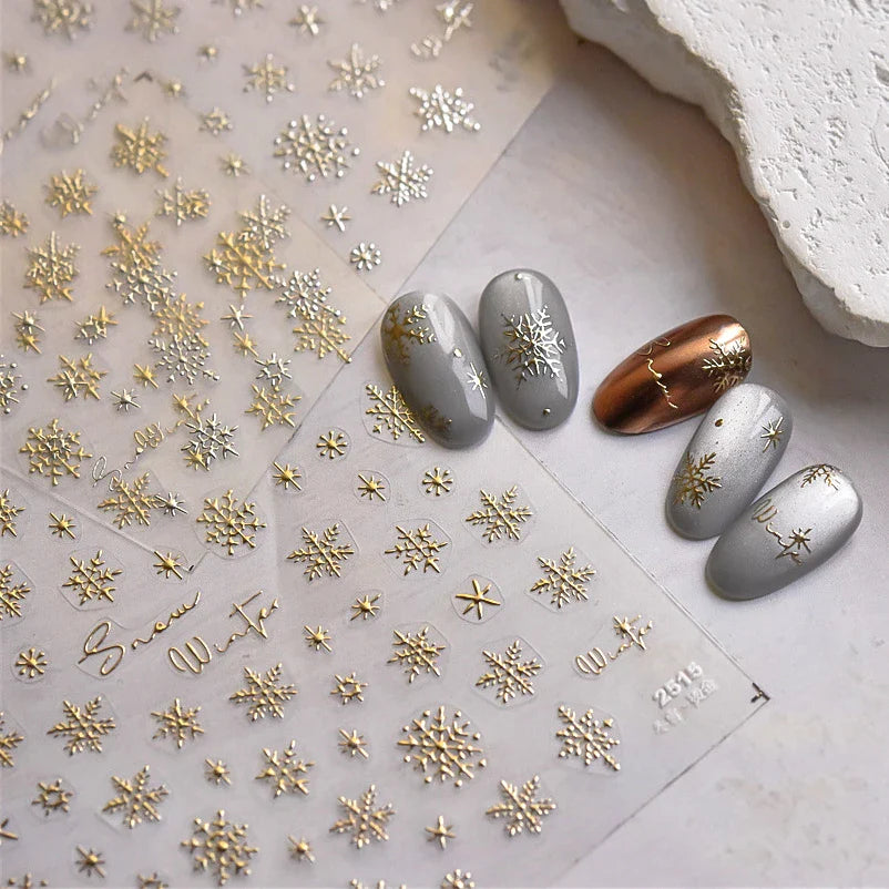 Hot Stamping Romantic White Gold Snowflakes Hexagon Winter 3D Self Adhesive Nail Art Stickers Shiny Rhinestone Manicure Decals (Online Order Only)