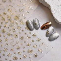 Hot Stamping Romantic White Gold Snowflakes Hexagon Winter 3D Self Adhesive Nail Art Stickers Shiny Rhinestone Manicure Decals (Online Order Only)