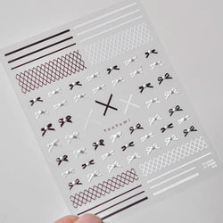 French Style Colorful Square Grid Rhombus Stripe Bowknot Line 3D Self Adhesive Nail Art Stickers Shiny Rhinestone Manicure Decal (Online Order Only)