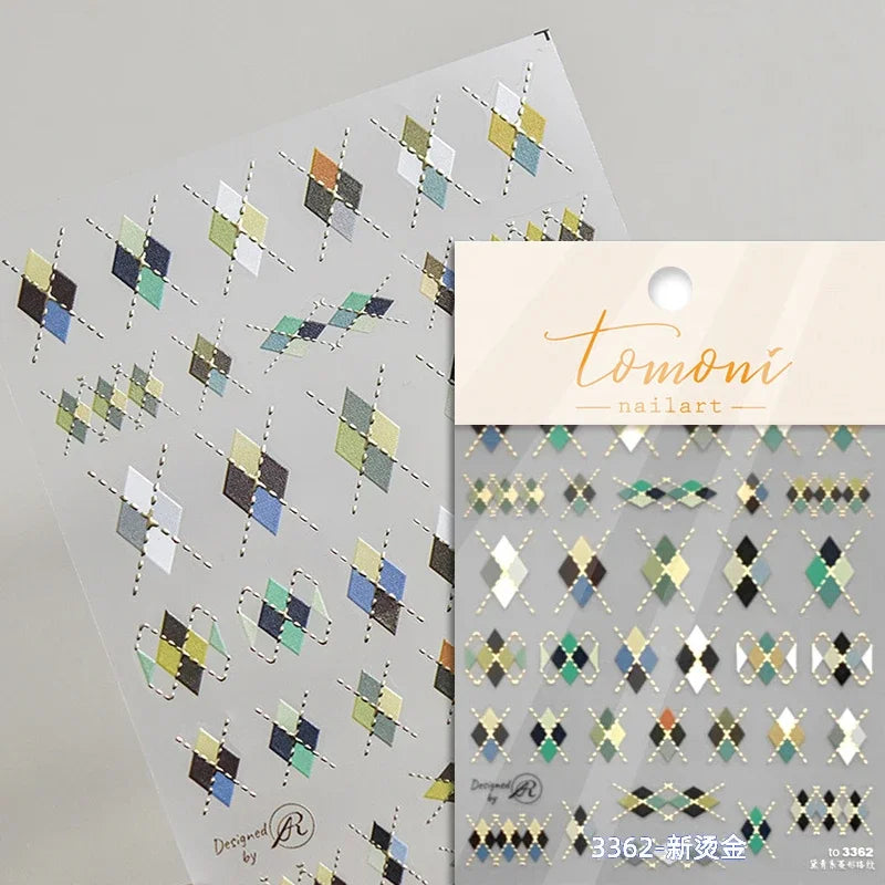 French Style Colorful Square Grid Rhombus Stripe Bowknot Line 3D Self Adhesive Nail Art Stickers Shiny Rhinestone Manicure Decal (Online Order Only)