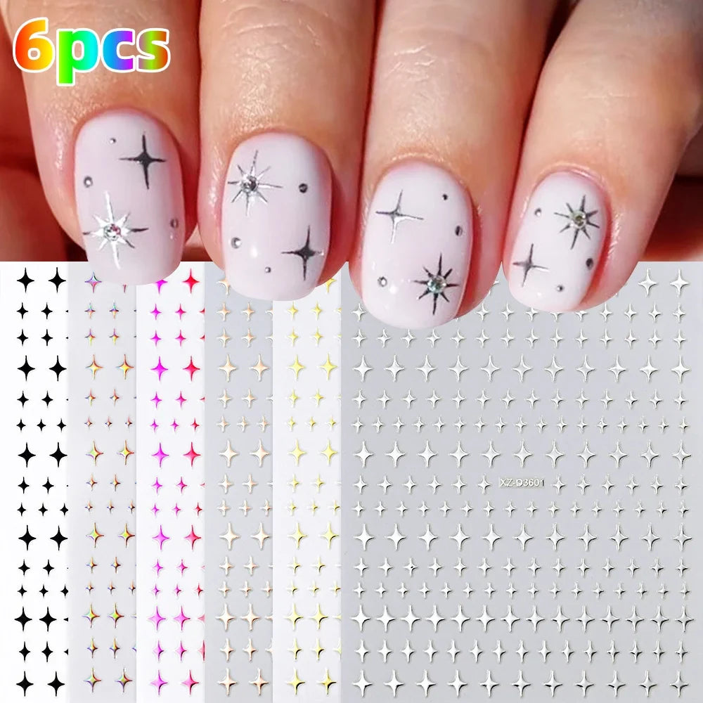 6Pcs 3D Silvery Star Nail Sticker Y2K Nail Design Gold Bronzing Slider Chrome Effect Nail Decoration Nail Design Manicure Tips * (ONLINE ORDER ONLY)