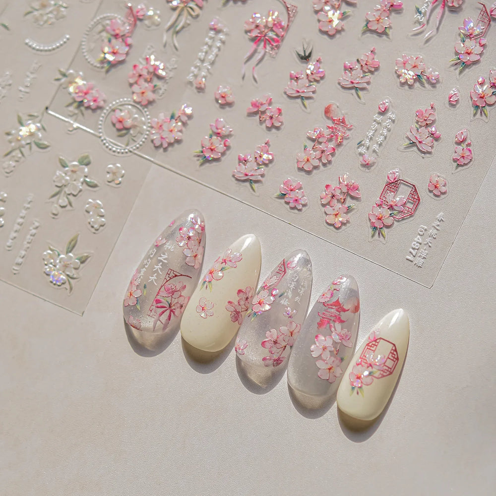 Antique Pear Blossom Peach Blossom Flower Swallow Pattern Adhesive Nail Art Stickers Spring Vibrant and Lively Manicure Decals (ONLINE ORDER ONLY)