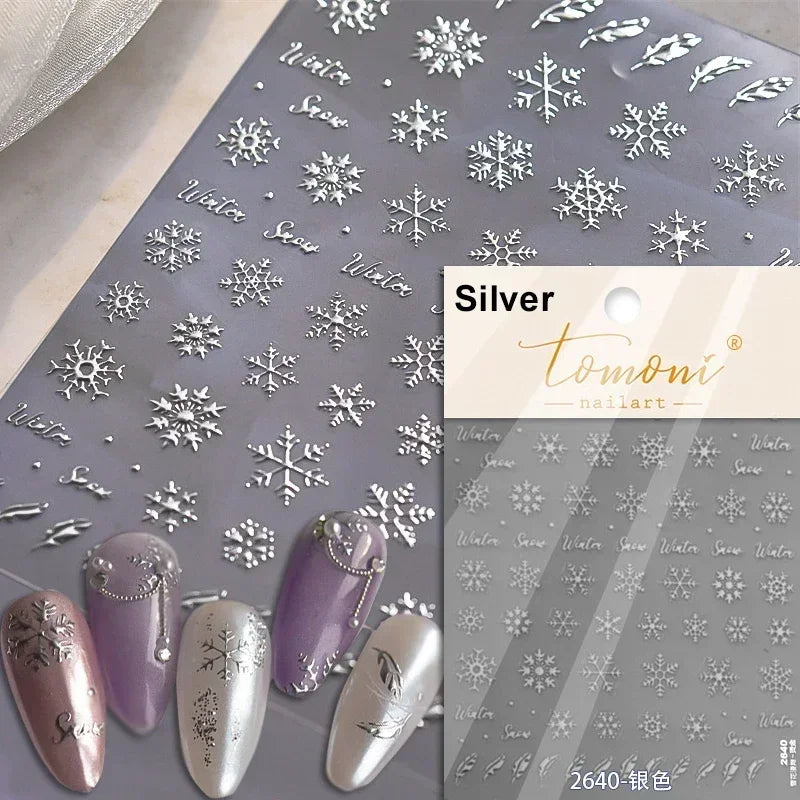Winter Christmas Crystal Delicate Hexagon Romantic Laser Silver Chic Snowflakes Self Adhesive Nail Art Sticker 5D Manicure Decal (ONLINE ORDER ONLY)