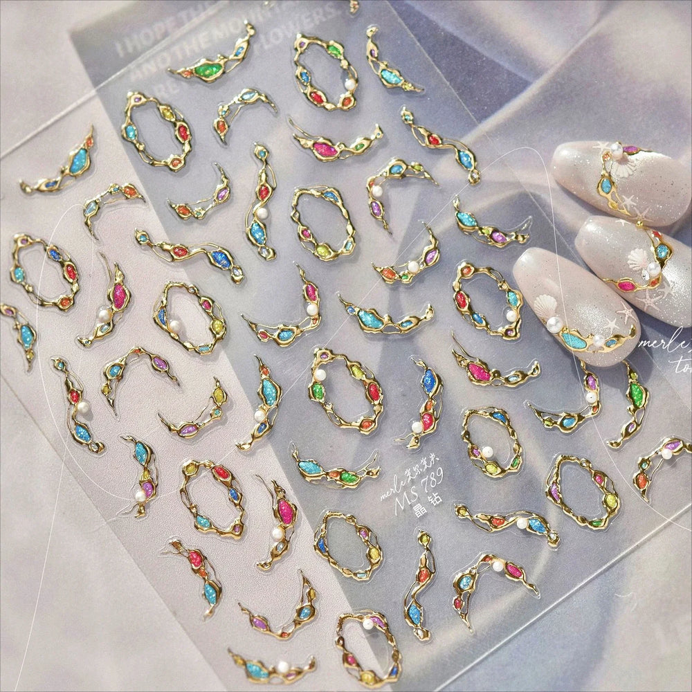 French Lines Gemstone Necklace Gilding Light Luxury Pearl Self Adhesive Nail Art Decorations Stickers Manicure Decals Wholesale (ONLINE ORDER ONLY)