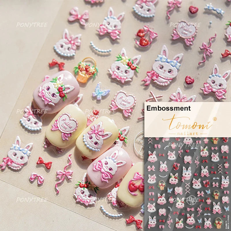 Cute Pet Creamy Rabbit Bear Dog Ribbon Bowknot Lamb Red Painted Heartbeat Flowers Adhesive Nail Art Stickers 3D Manicure Decals (Online Order Only)