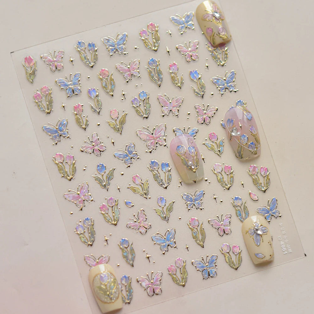 Delicate Dreamy Petal Star Tulip Flower Purple Bowknot Butterfly Illusion Chic Relief Adhesive Nail Art Stickers Manicure Decals (Online Order Only)