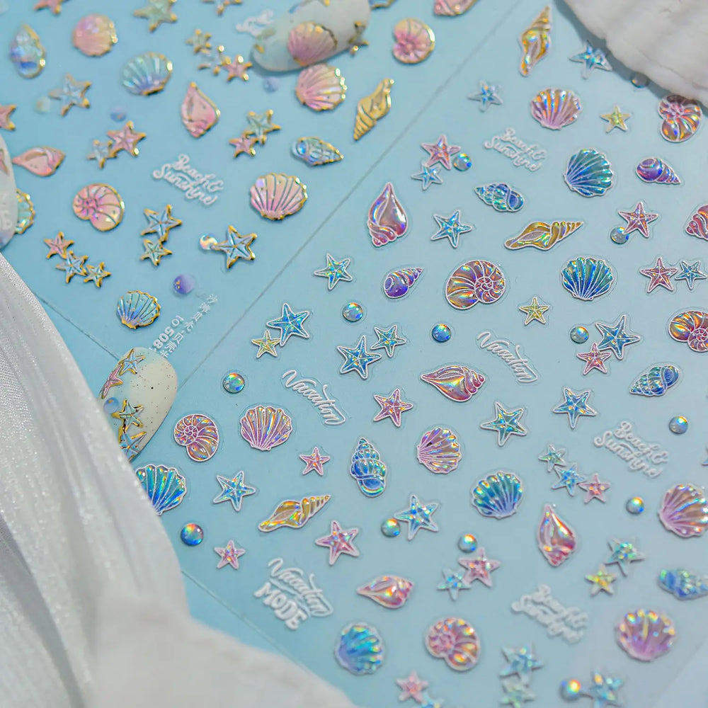 Beach Colourful Conch Dolphin Shell Starfish Jellyfish Star Summer Sea Wave Vacation Mode Water Bubble Nail Art Stickers Decals (Online Order Only)