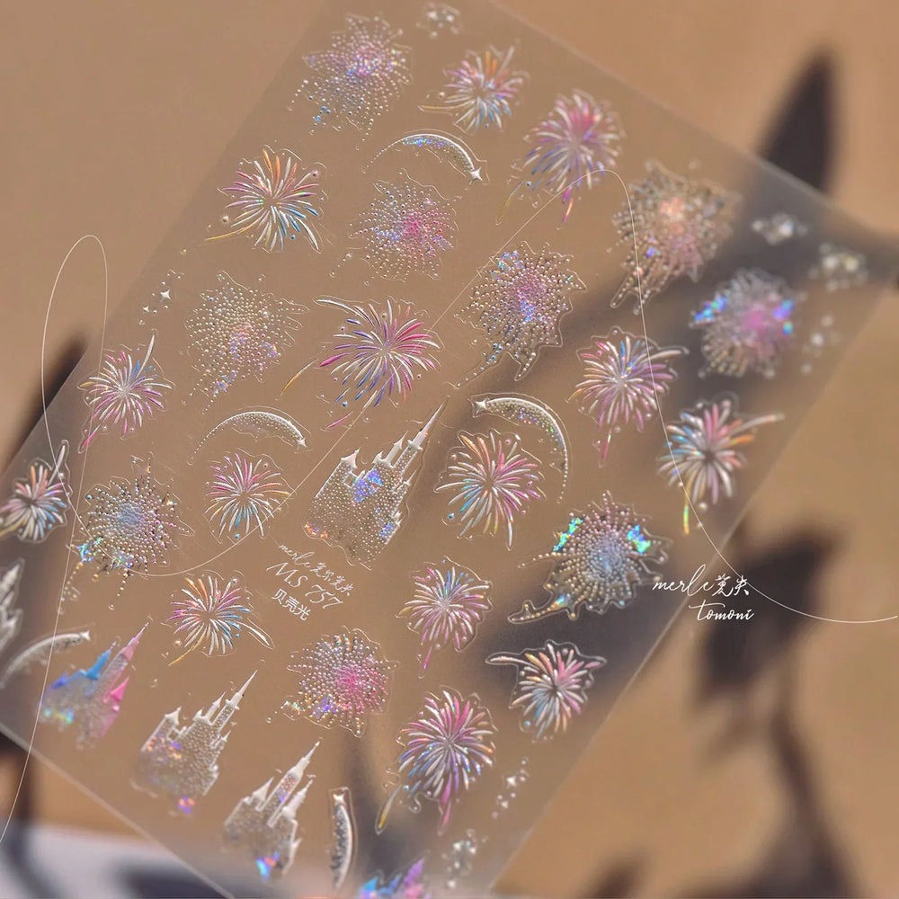 Colorful Fireworks Blooming Castle Romantic Brilliant Sky Self Adhesive Nail Art Stickers Star Shiny Rhinestone Manicure Decals (Online Order Only)