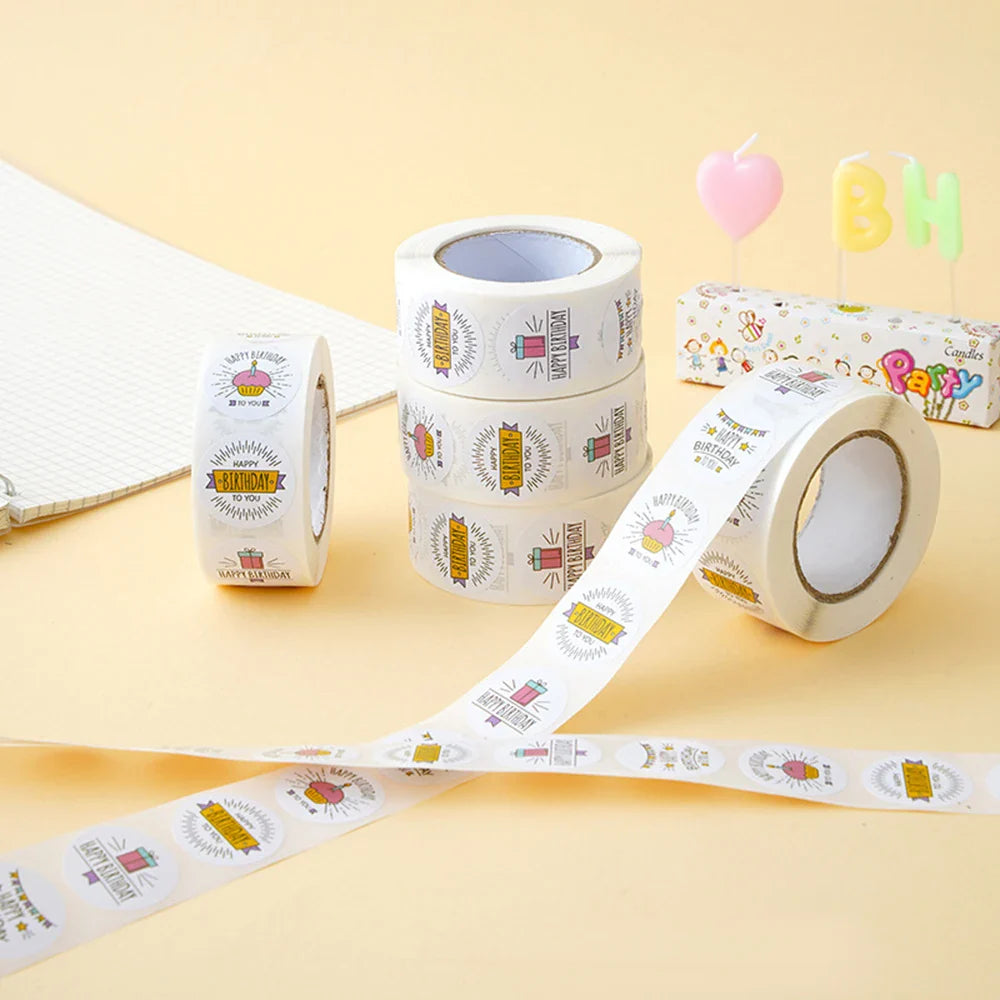 100-500pcs Round Happy birthday Labels Kraft Paper Sticker Candy Bag Flower Gift Box Cake Boxes and Packaging Wedding Stickers (ONLINE ORDER ONLY)