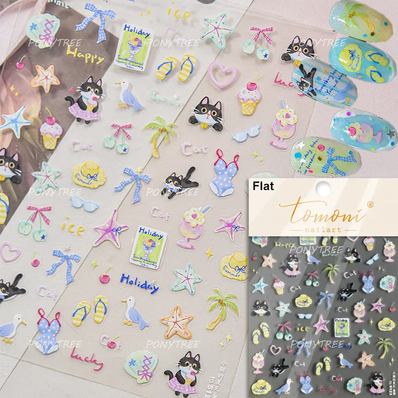Summer Beach Bikini Watermelon Hat Sandals Ice Cream Shell Conch Starfish Cat Duck Nail Art Decoration Stickers Manicure Decals (ONLINE ORDER ONLY)