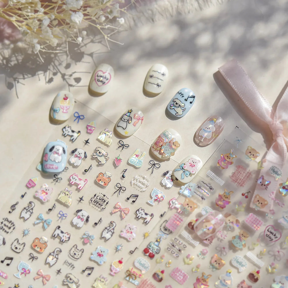Graffiti Bear Cat Kitten Dog Puppy Bowknot Cake Tulip Note Star Cherry Cup Adhesive Nail Art Decoration Sticker Manicure Decals (ONLINE ORDER ONLY)